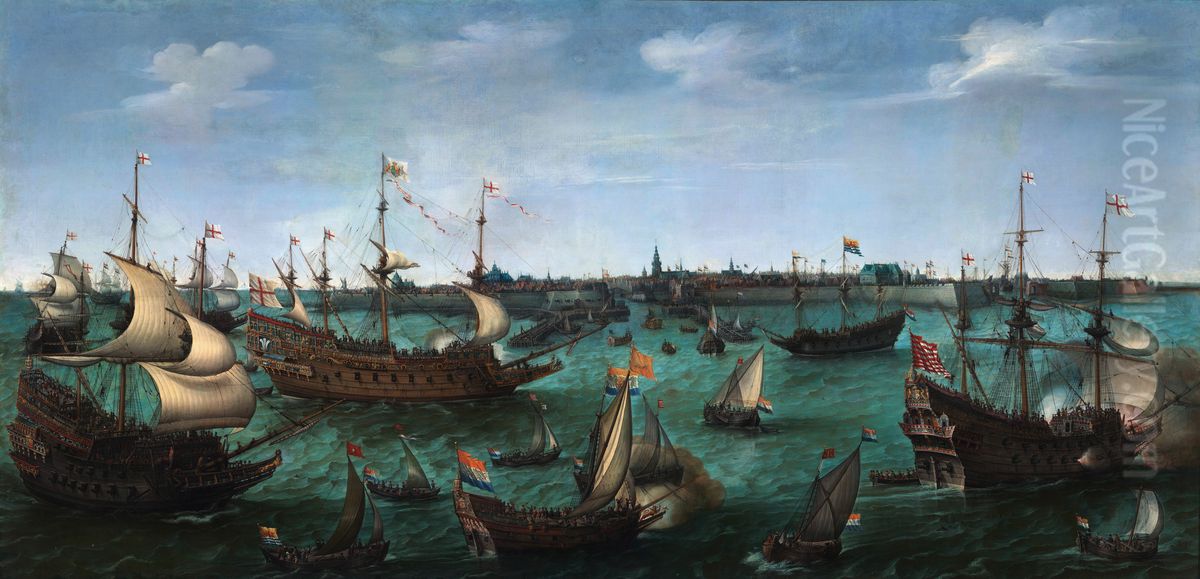 De aankomst van prins Frederik V van de Palts en Elizabeth Stuart te Vlissingen op 29 April 1613 Oil Painting by Hendrick Cornelisz Vroom