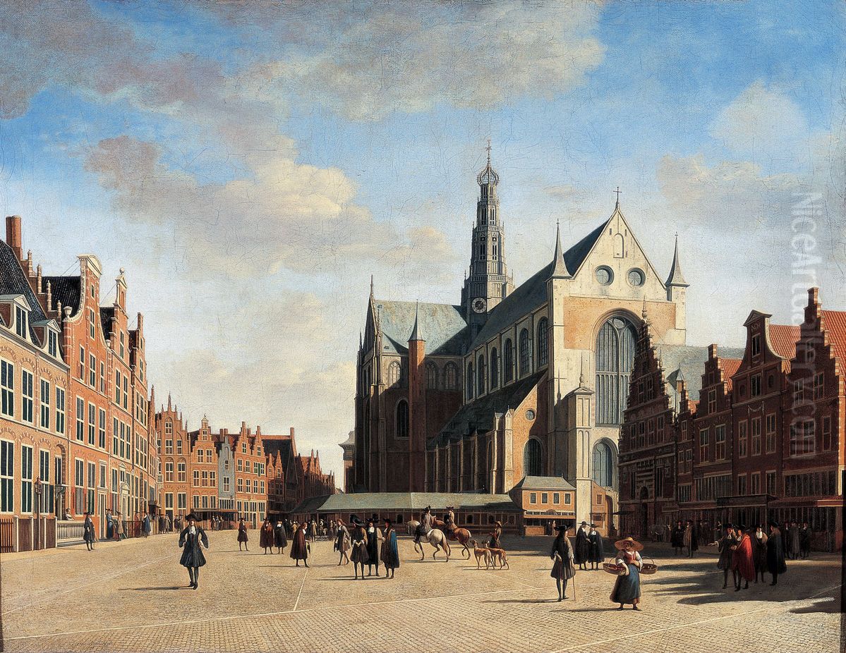 The Grote Markt in Haarlem with the St. Bavo church, seen from the west Oil Painting by Gerrit Adriaenszoon Berckheyde
