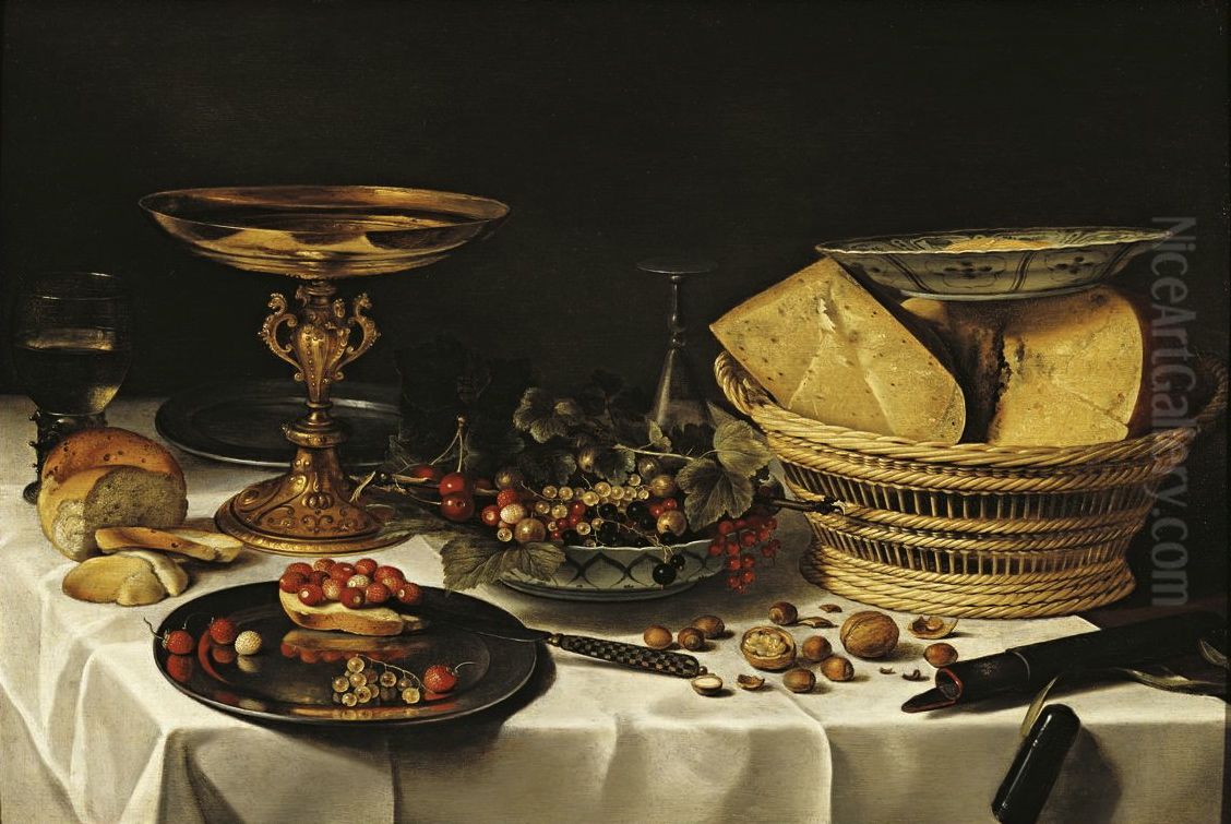 Stilleven met aardbeien, druiven, komijnenkaas en gouden tazza Oil Painting by Pieter Claesz