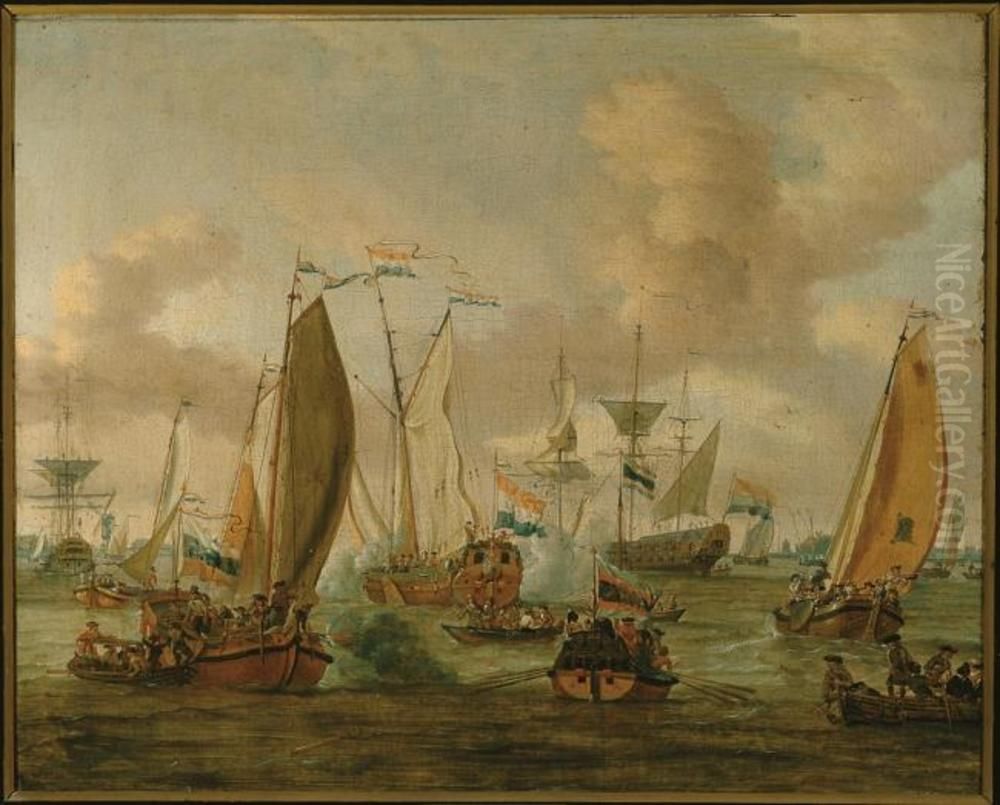 Battle on the IJ in Amsterdam in honor of the visit of Tsar Peter the Great on 1st September, 1697 Oil Painting by Abraham Storck