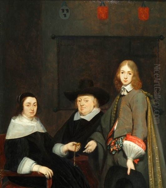 Portret van Anthonie Charles de Liedekercke, zijn vrouw Willemina van Braeckel en hun zoon Samuel Oil Painting by Gerard Ter Borch