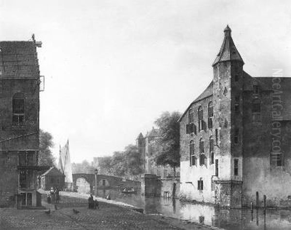 Een stadsgezicht, rechts een oud gebouw aan een gracht Oil Painting by Kaspar Karsen