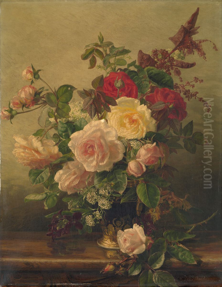 Vase with Roses Oil Painting by Julius van de Sande Bakhuyzen
