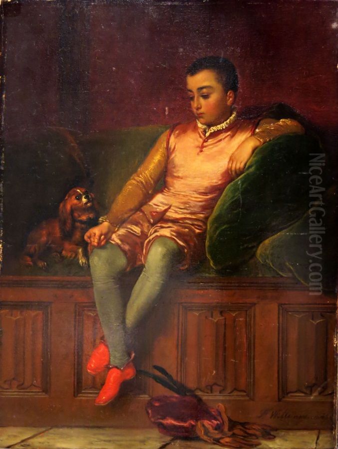 A Seated Page with a Dog Oil Painting by Florent Willems