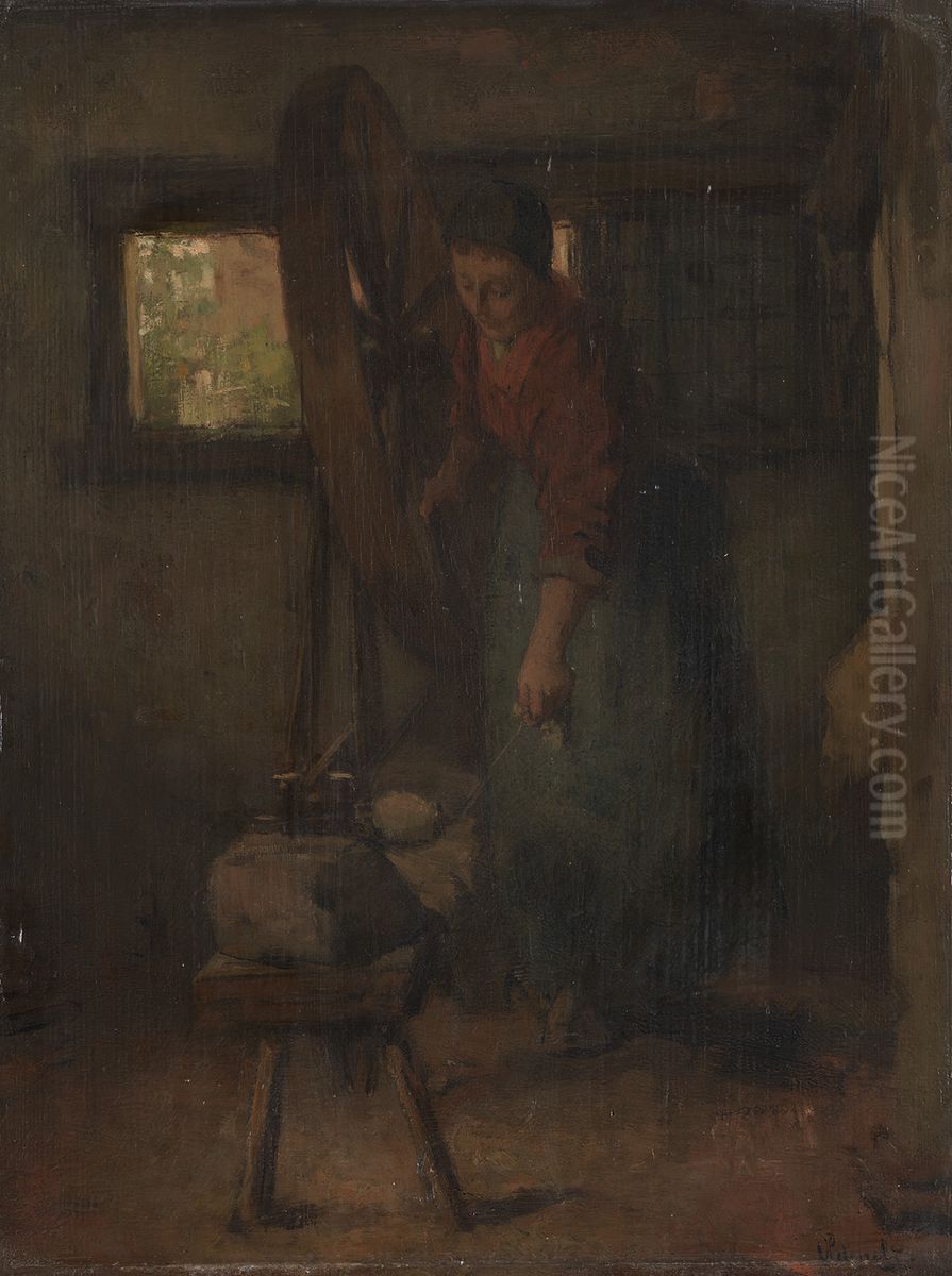 Woman with spinning wheel Oil Painting by Ferdinand Oldewelt