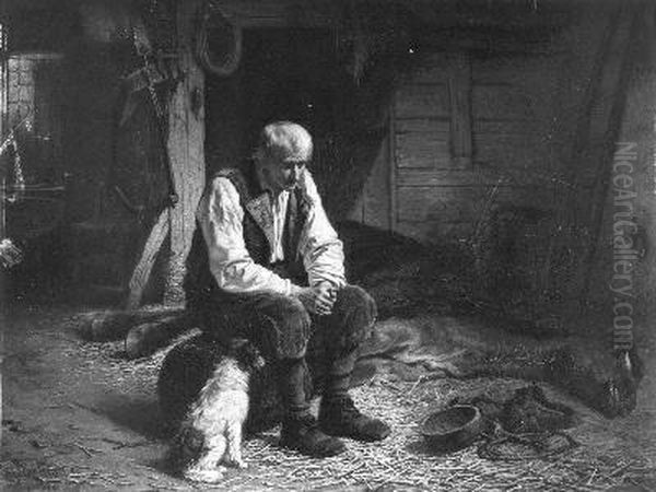 In een stal zit een oude Schuitenjager bij zijn dode paard Oil Painting by Hendrik Jacobus Scholten