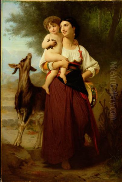 Jonge moeder in dracht der Campagna met kindje en geit Oil Painting by William-Adolphe Bouguereau