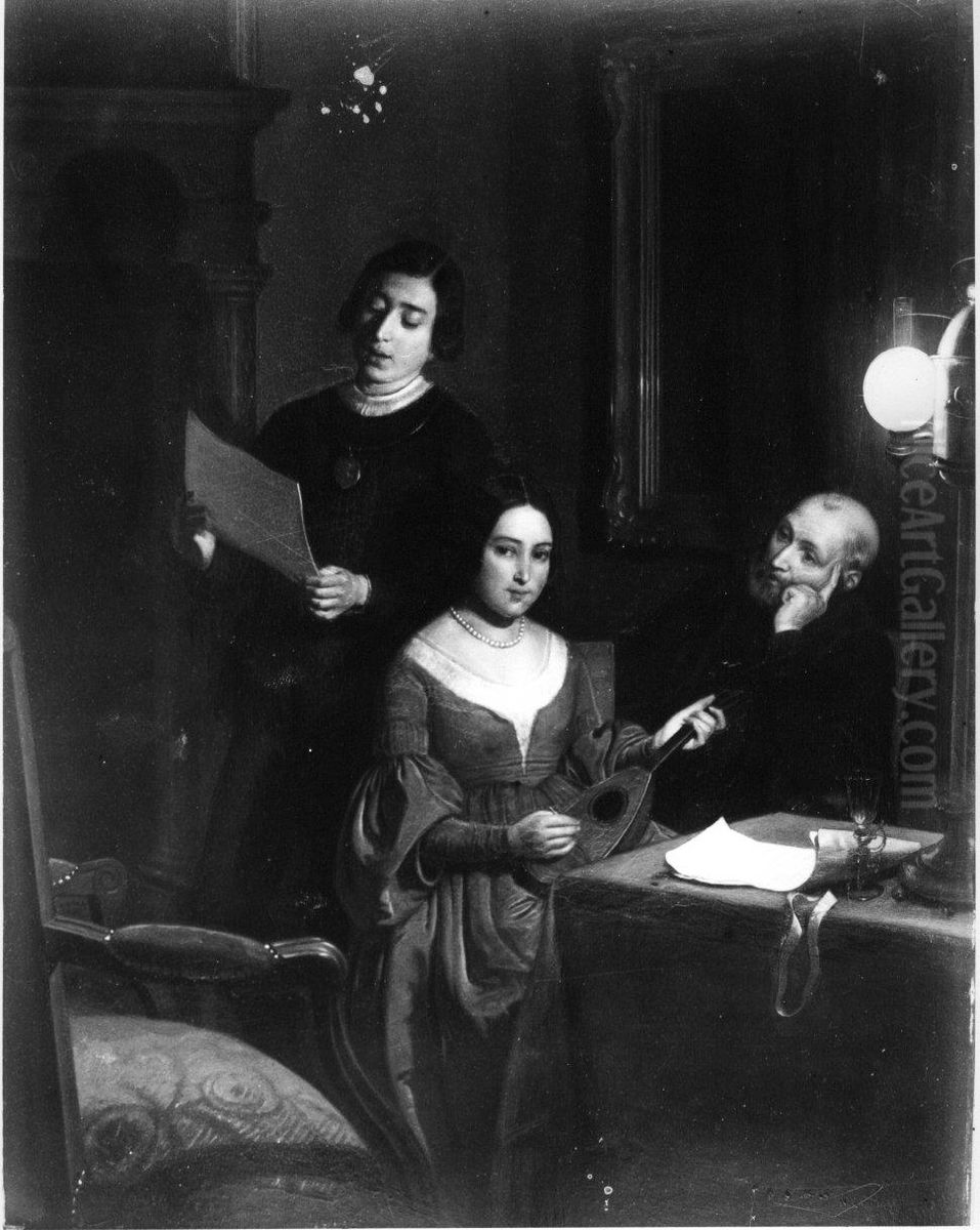 Een oude man luistert naar een jonge man en een meisje die muziek maken Oil Painting by Charles Van Beveren