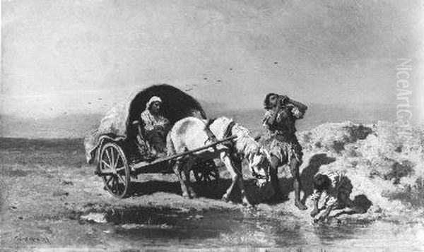 Hongaarse boeren verfrissen zich aan een waterplas Oil Painting by August von Pettenkofen