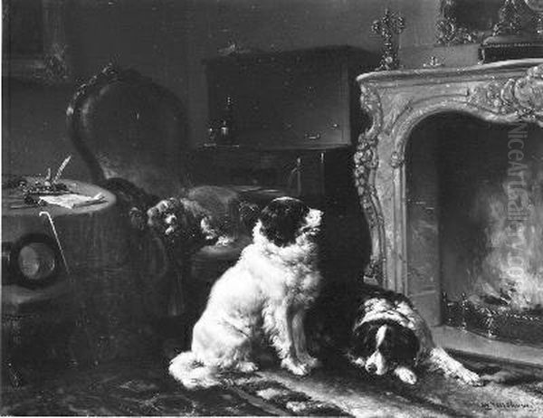 Rustende honden voor een haard Oil Painting by Wouterus Verschuur