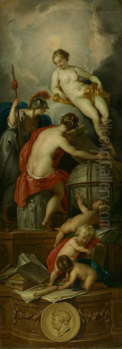 Allegorie op het schrijven van de Geschiedenis-Allegorie op de handel, de wetenschap, de kunst en de geschiedenis-Truth and Wisdom assist History in writing Oil Painting by Jacob de Wit