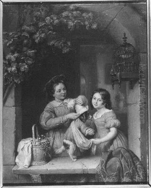 Kinderen met hond Oil Painting by Elisabeth Alida Haanen