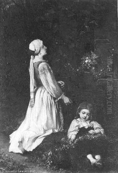 Twee meisjes voor een kapel Oil Painting by Jaroslav Cermak