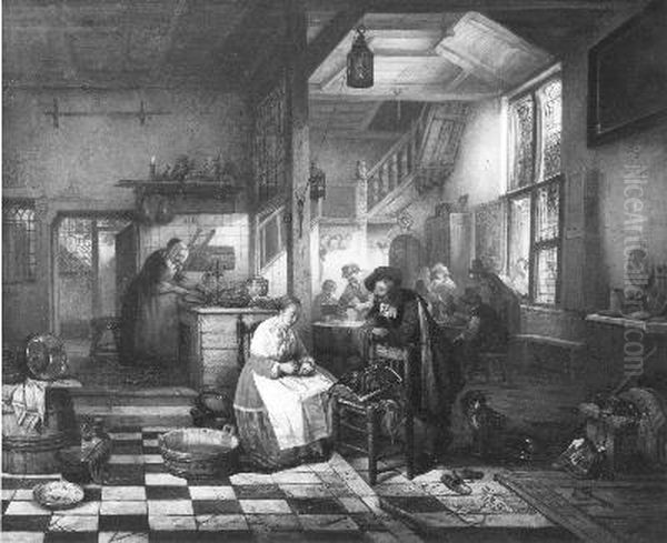 Een Vlaamse herberg, op de voorgrond wisselt een meisje geld voor een heer Oil Painting by Jan August Hendrik Leys