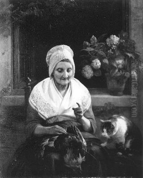 Een oude vrouw plukt een haan Oil Painting by Josephus Laurentius Dyckmans