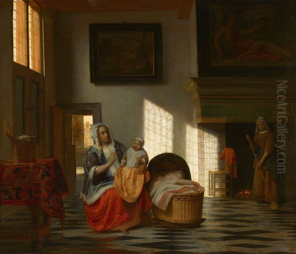 Binnenhuis met moeder en kind, 'Moedervreugd'-Interior with mother and child Oil Painting by Pieter De Hooch