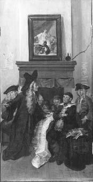 Triptiek voorstellende de boerenrechtbank uit het blijspel 