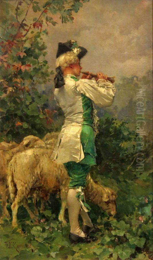 Flute Player with Sheep Oil Painting by Frederik Hendrik Kaemmerer