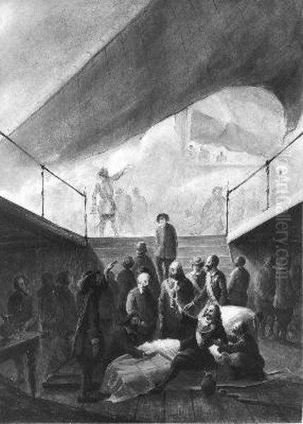 Anno 1653. De dodelijk gewonde Johan van Galen drinkt een glas wijn op het verderf der Engelsen Oil Painting by Christiaan Cornelis Kannemans