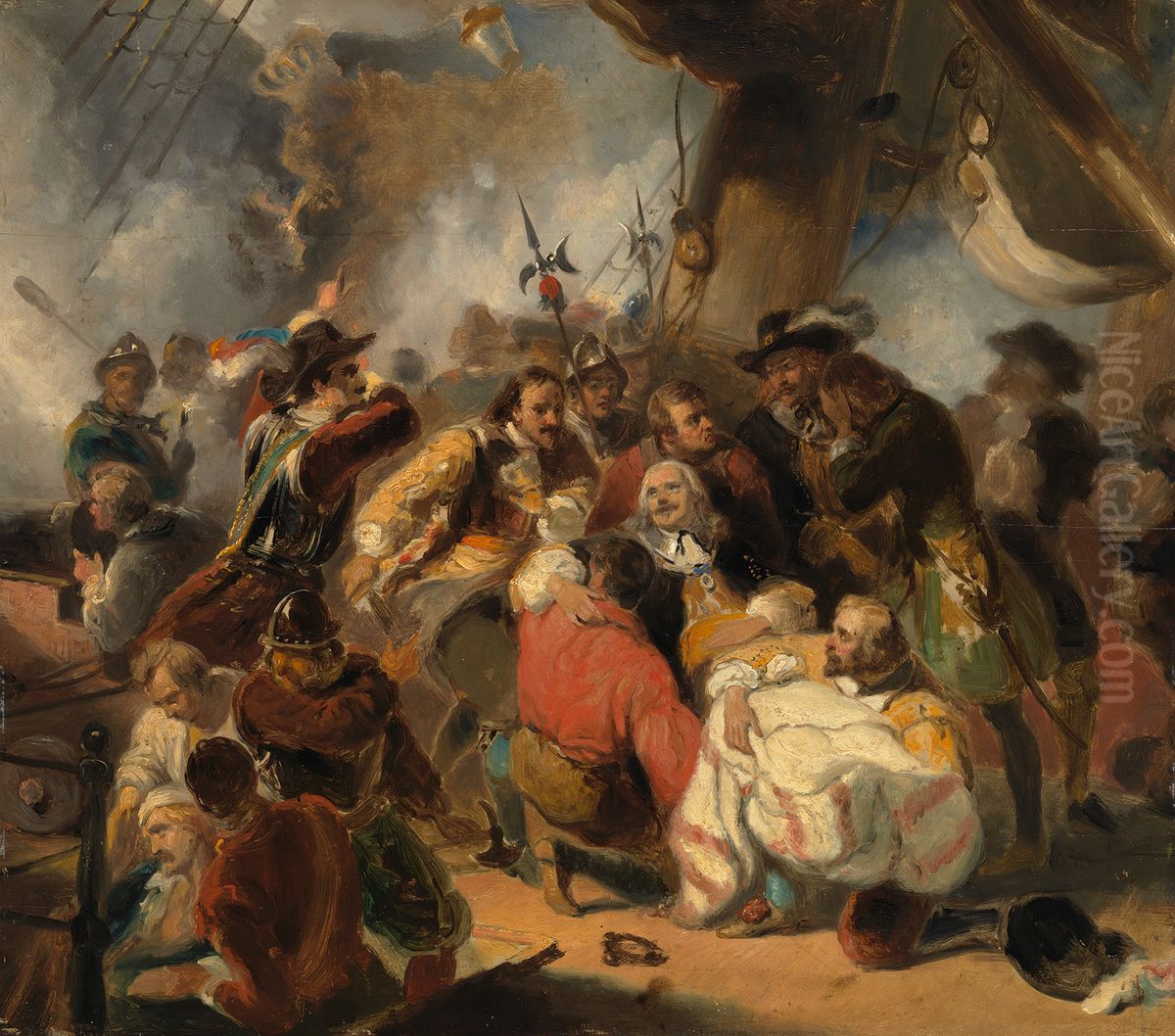 Anno 1676. Michiel de Ruyter wordt dodelijk gewond in de slag bij Etna Oil Painting by Nicolaas Pieneman
