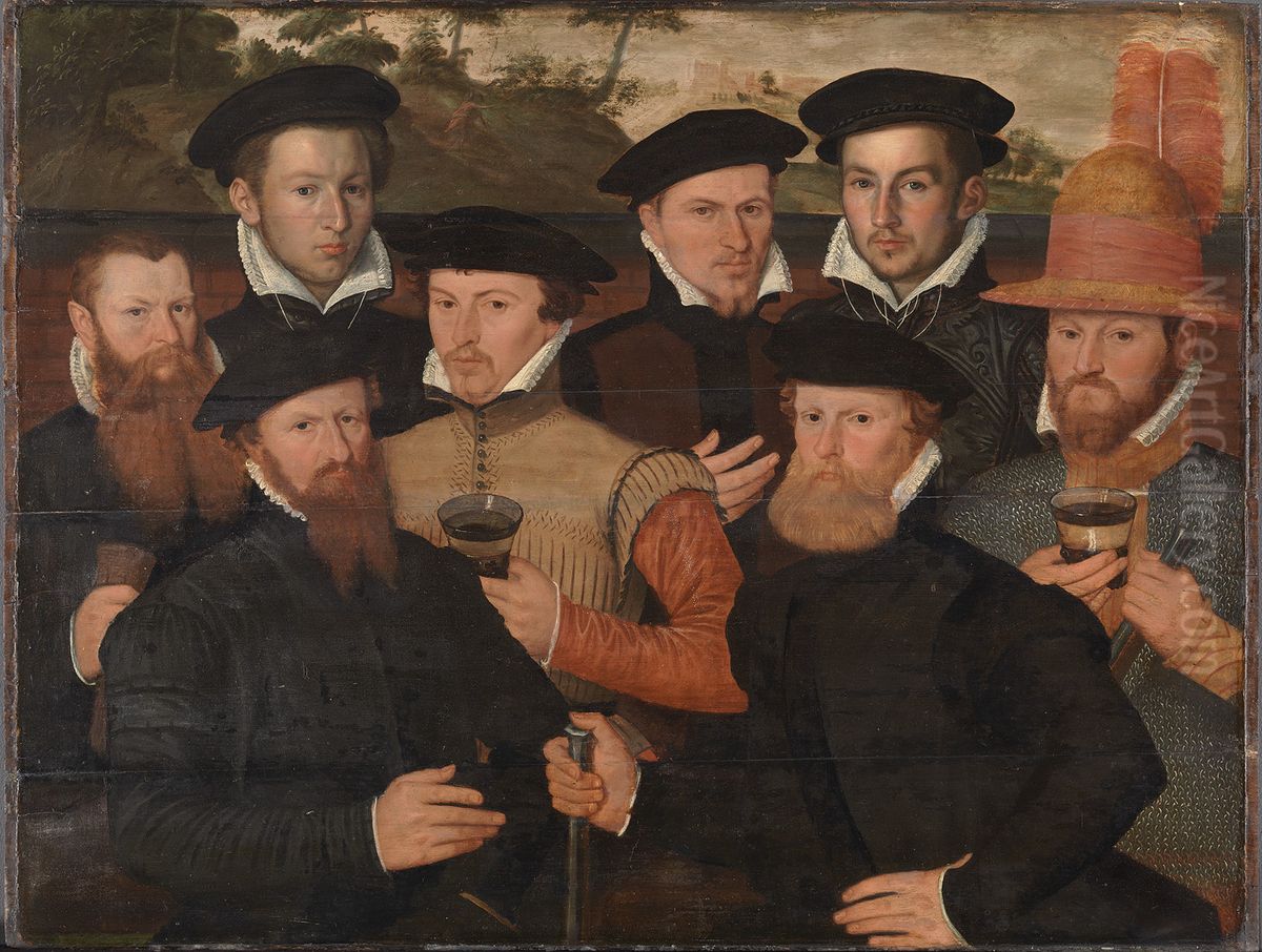 Schuttersmaaltijd met acht figuren-Civic guard banquet Oil Painting by Barend Dircksz