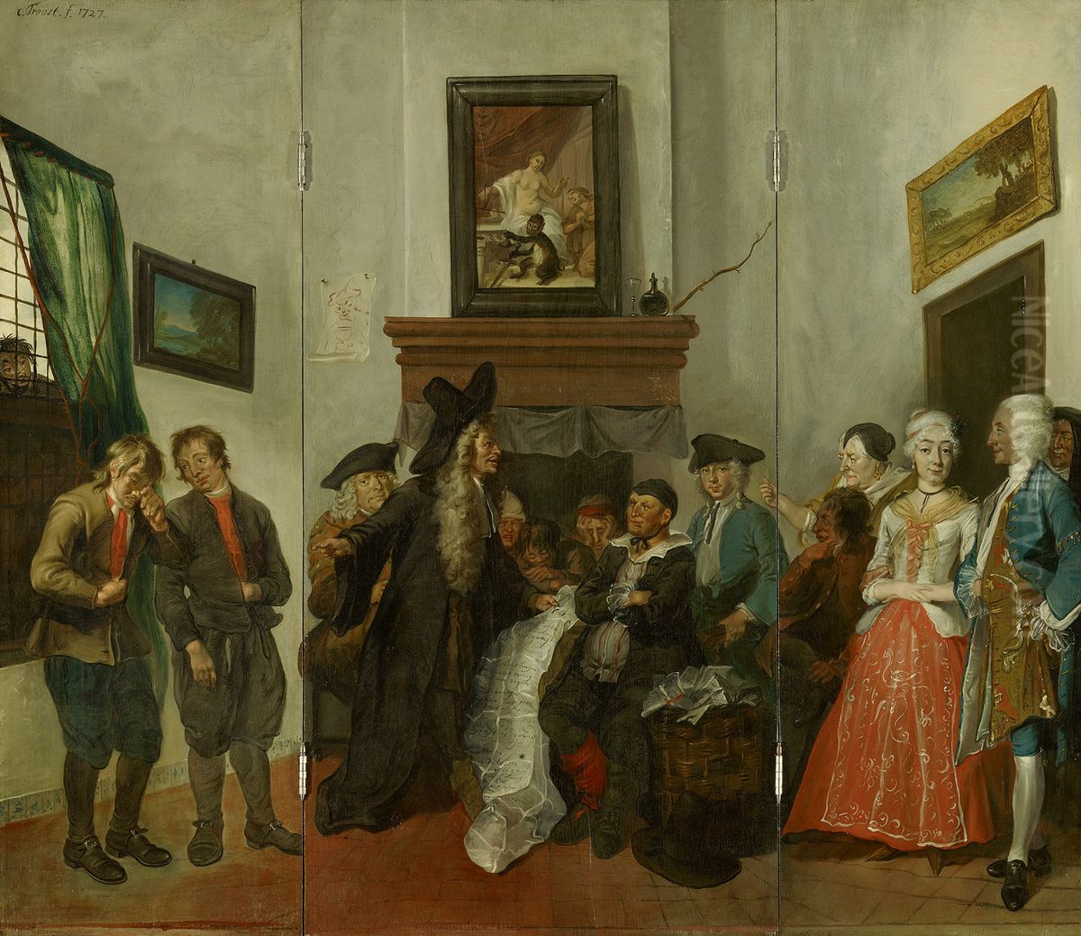 het pleidooi van advocaat Carel-The village court in Beslikte Swaantje, a farce Oil Painting by Cornelis Troost