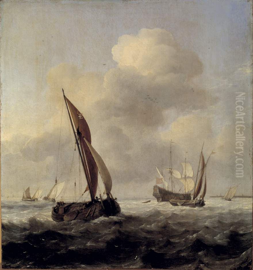 Schepen voor de kust bij straffe wind-Woelend water-Vissersboten en een oorlogsschip in woelige zee-Ships off the coast Oil Painting by Willem van de Velde the Younger