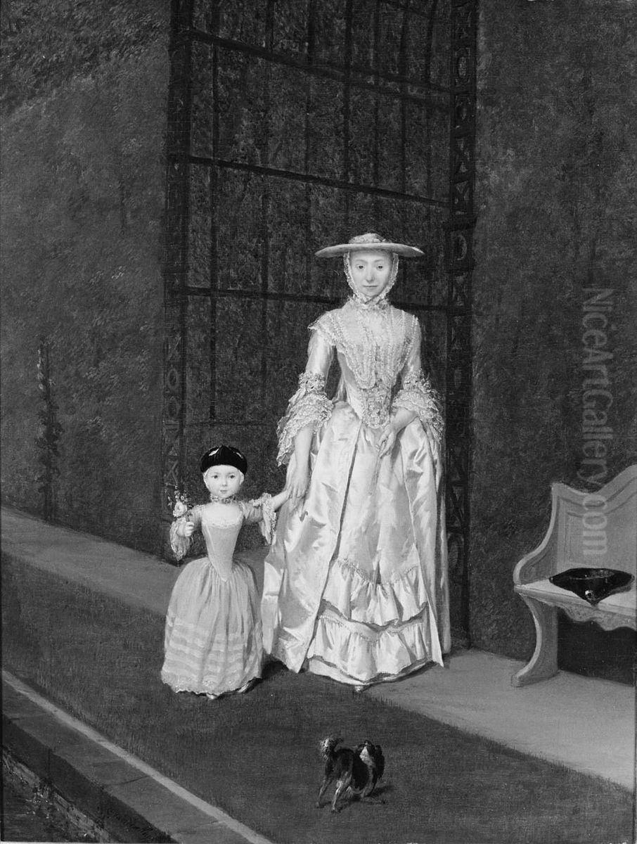 Vrouw en kind in tuin Oil Painting by George van der Mijn