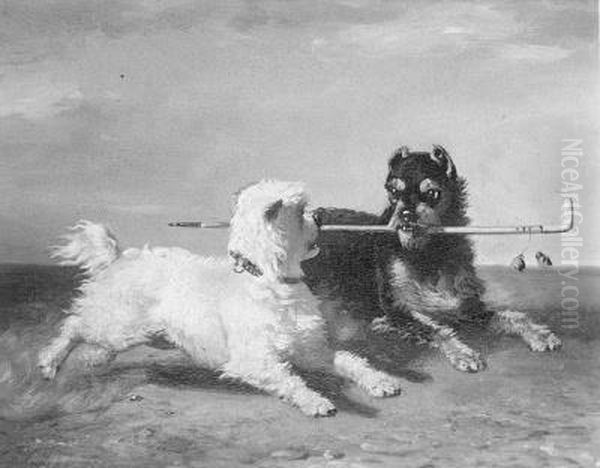 De twee honden (de stok van de baas) Oil Painting by Bernard te Gempt