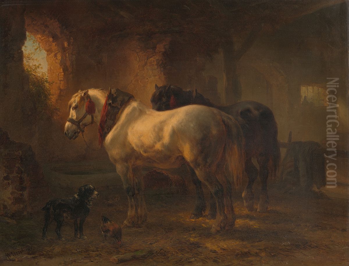 Stal met paarden Oil Painting by Wouterus Verschuur