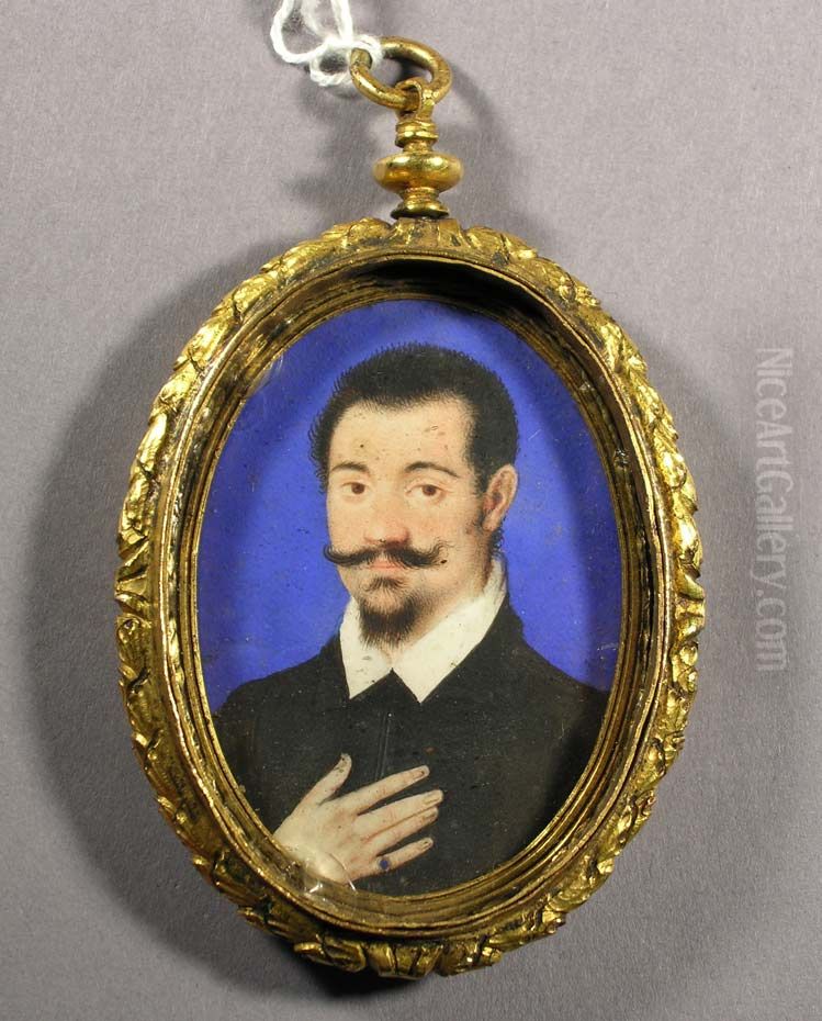 Portret van een onbekende heer in koperen medaillon Oil Painting by Isaac Oliver