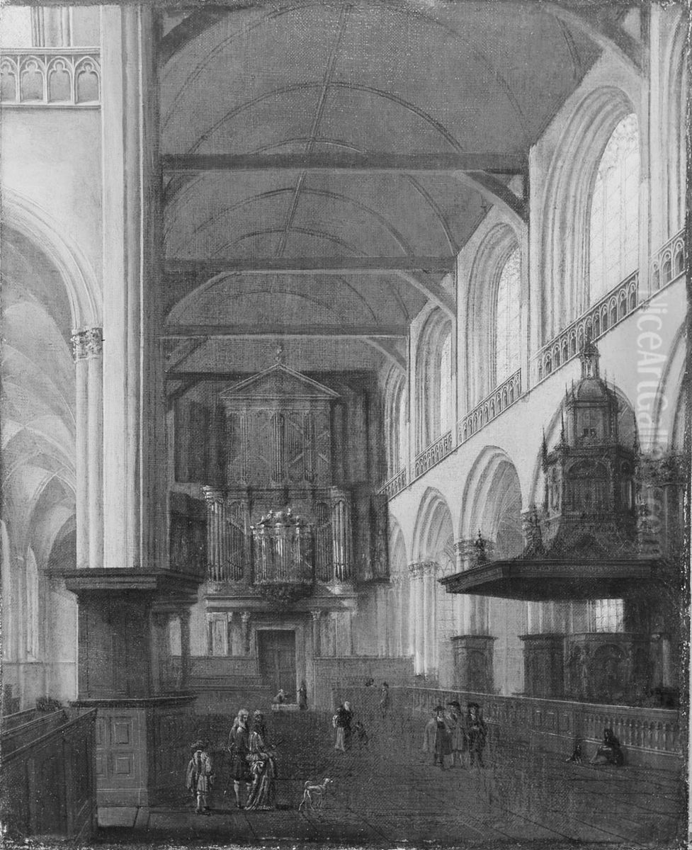 Het interieur van het schip van de Nieuwe Kerk naar het westen gezien Oil Painting by Isaak van Nickelen