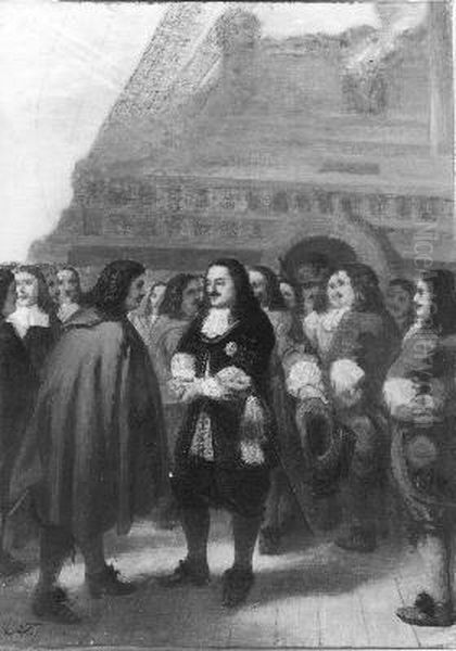 Anno 1673. Michiel de Ruyter ontvangt Cornelis Tromp met pruik en Oranje-kokarde Oil Painting by Jacob Taanman