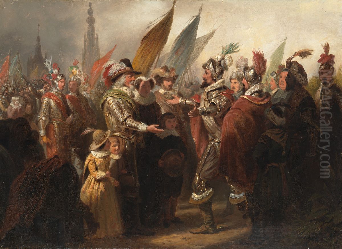 Anno 1625. Spinola wenst de Nederlandse krijgsoversten na de inneming van Breda geluk met hun kloekheid Oil Painting by Jan Wendel Gerstenhauer Zimmerman