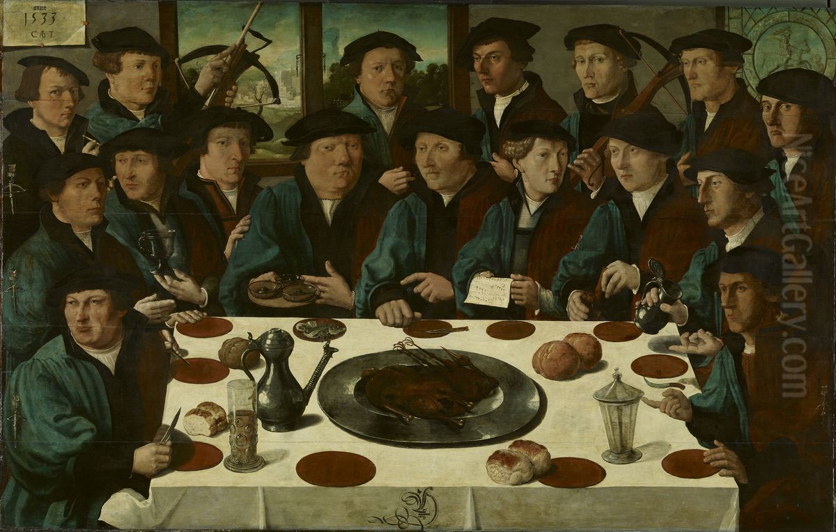Banquet of Members of Amsterdam's Crossbow Civic Guard. Oil Painting by Cornelis Anthonisz.