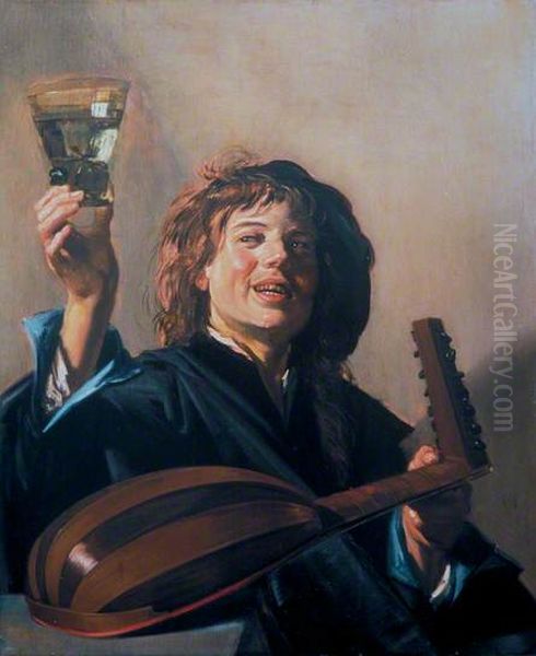 Lute player holding a wine glass Oil Painting by Frans Hals