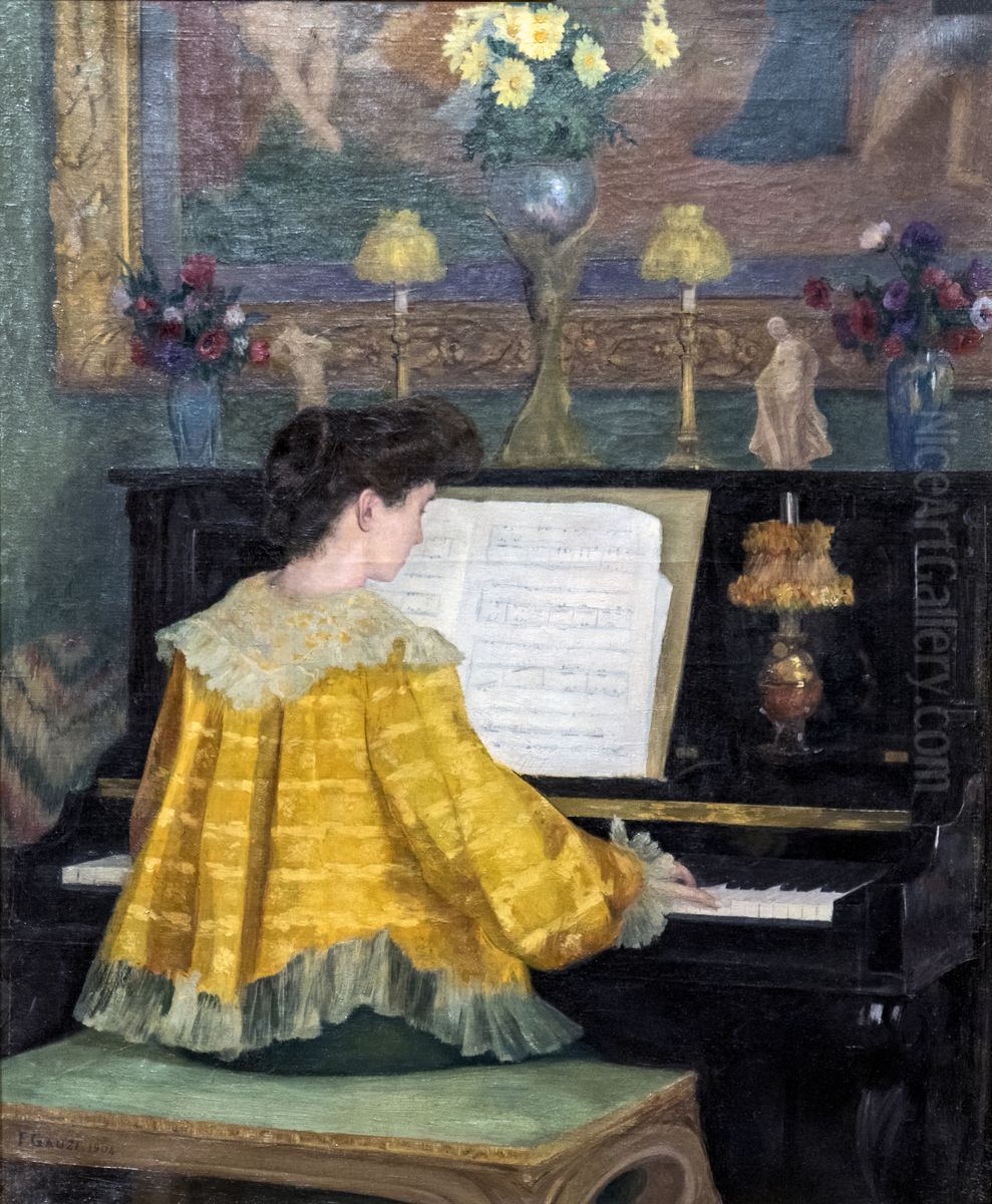 Young woman at the pianoFrancais:Jeune femme au pianoItaliano:Giovane donna al pianoforte Oil Painting by Francois Gauzi