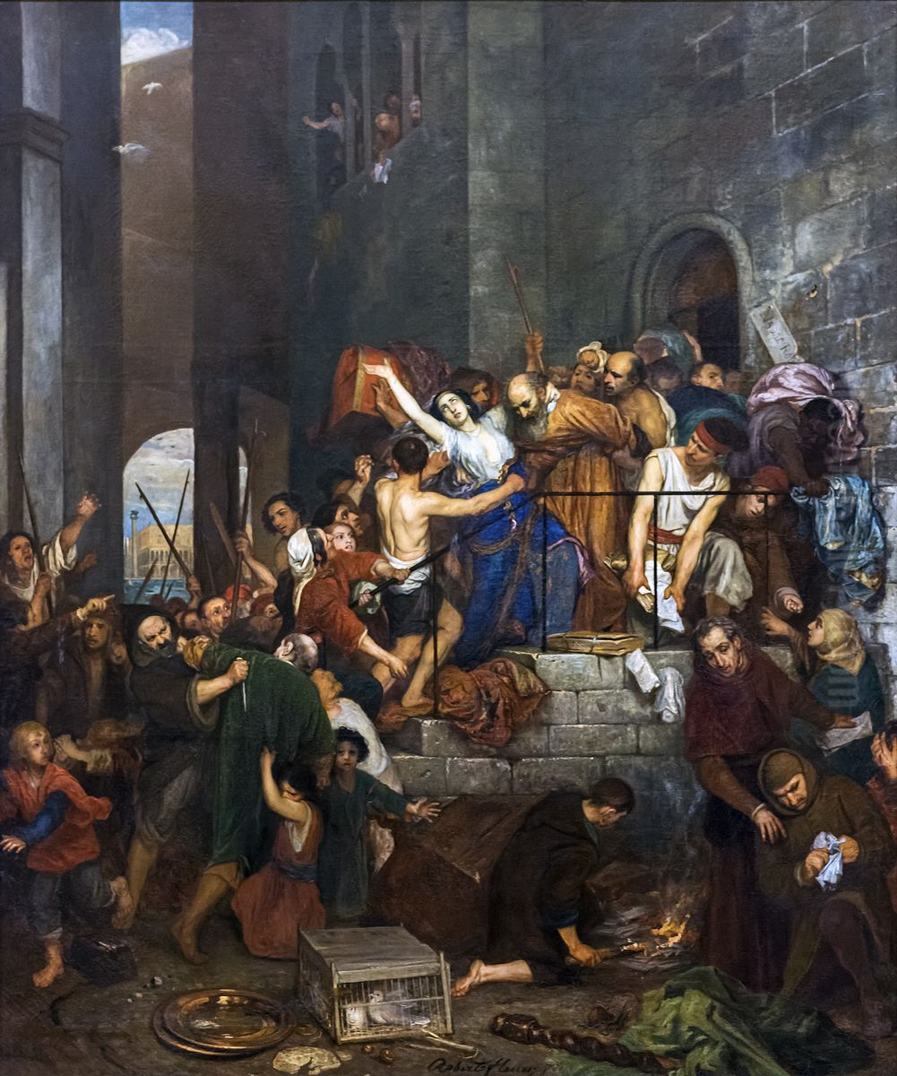 Looting of a house at theGiudeccafrom Venice to the Middle Ages.Francais:Pillage d'une maison a laGiudeccade Venise au Moyen Age.Italiano:Saccheggio di una casa allaGiudeccada Venezia al Medioevo. Oil Painting by Joseph-Nicolas Robert-Fleury