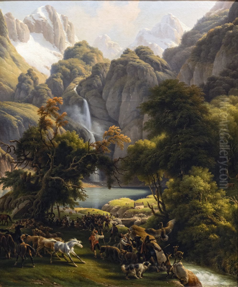 The bear hunt for the waterfall of Lake Oo, near Bagneres-de-LuchonFrancais:La Chasse a l'ours vers la cascade du lac d'Oo, pres de Bagneres-de-LuchonItaliano:La caccia all'orso, per la cascata del lago Oo, nei pressi di Bagneres-de-Luchon Oil Painting by Louis-Francois, Baron Lejeune