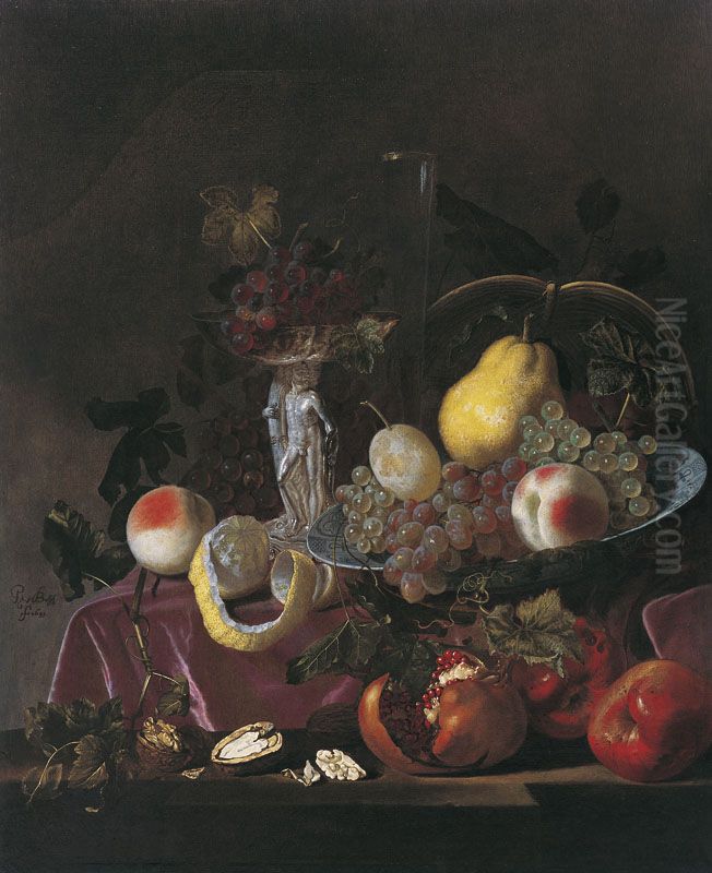 Nature morte de fruits, raisins, grenades et tableau Oil Painting by Pieter Van Den Bosch