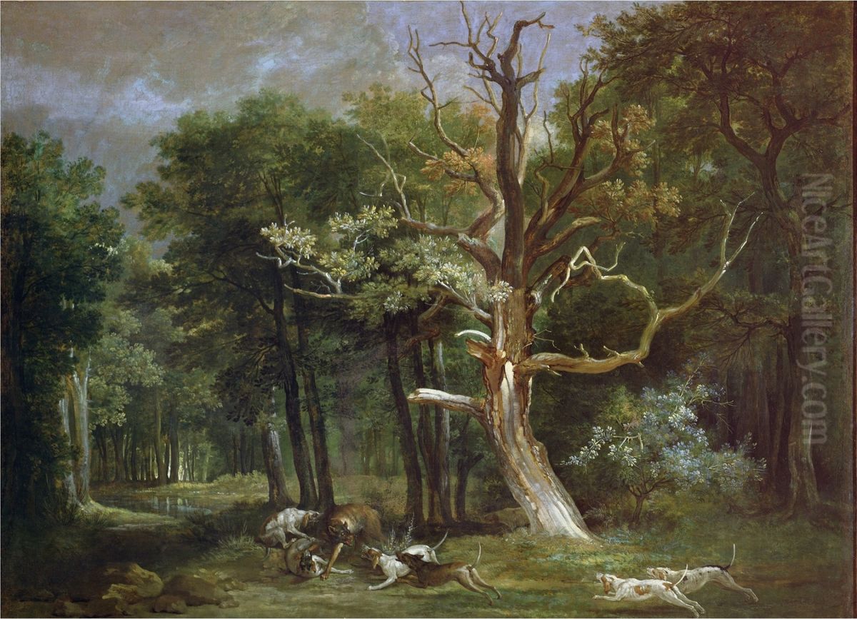 Bosgezicht met wolvenjacht Oil Painting by Jean-Baptiste Oudry