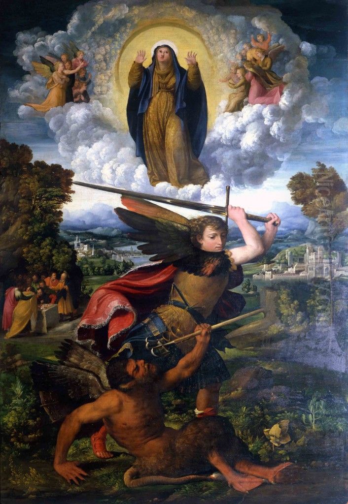 Virgin of the Assumption and St. Michael the Archangel Oil Painting by Dosso Dossi
