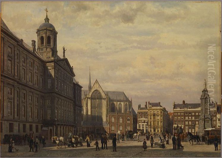 De Dam in de zomer-Dam Square in the Summer Oil Painting by Cornelis Springer