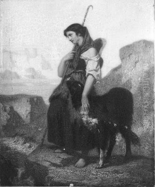 Herderin met hond in de Alpen Oil Painting by Hugues Merle