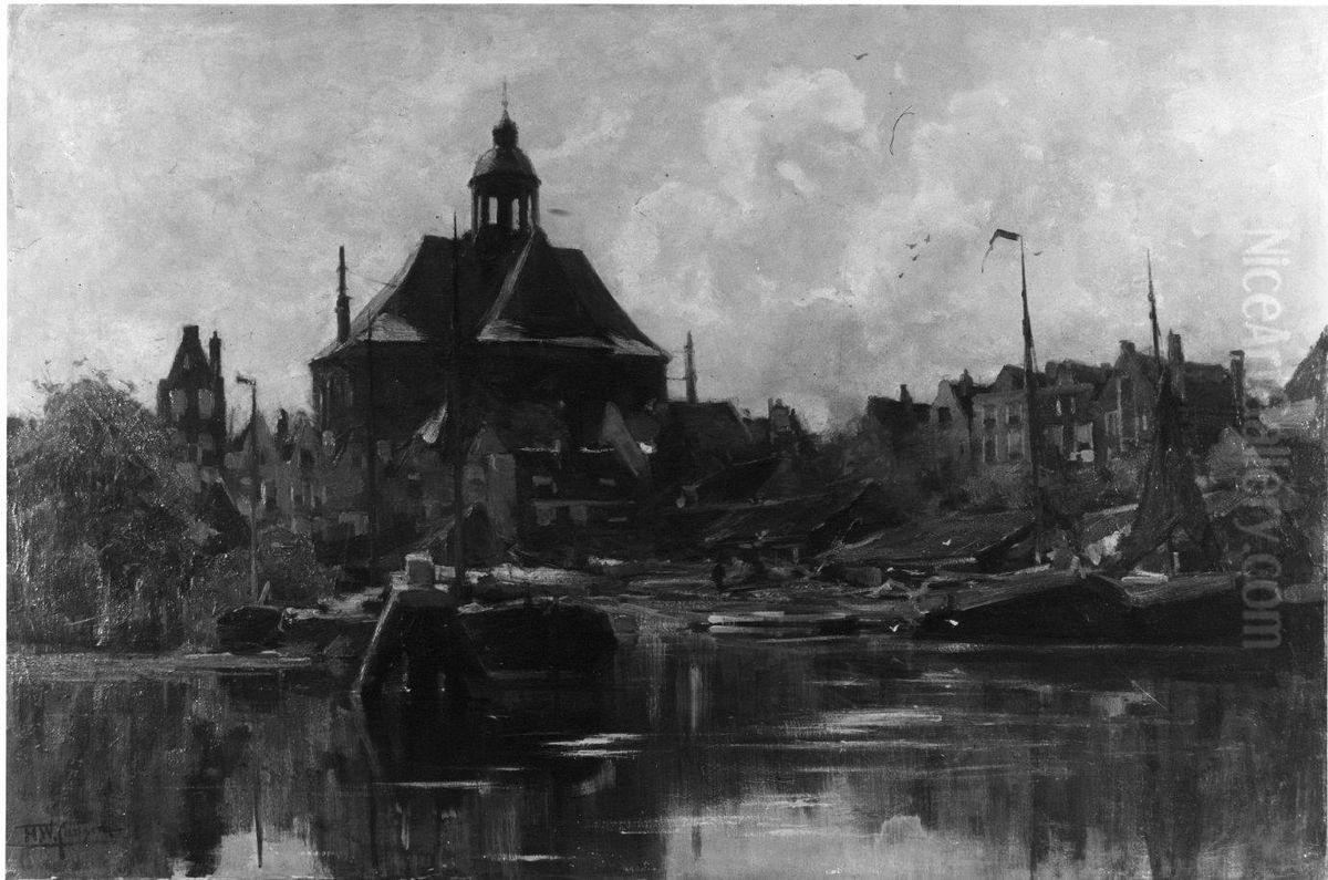 De Oosterkerk en scheepswerf 'Het Wapen van Amsterdam' gezien over de Kattenburgervaart vanuit het westen Oil Painting by Hendrik Willebrord Jansen