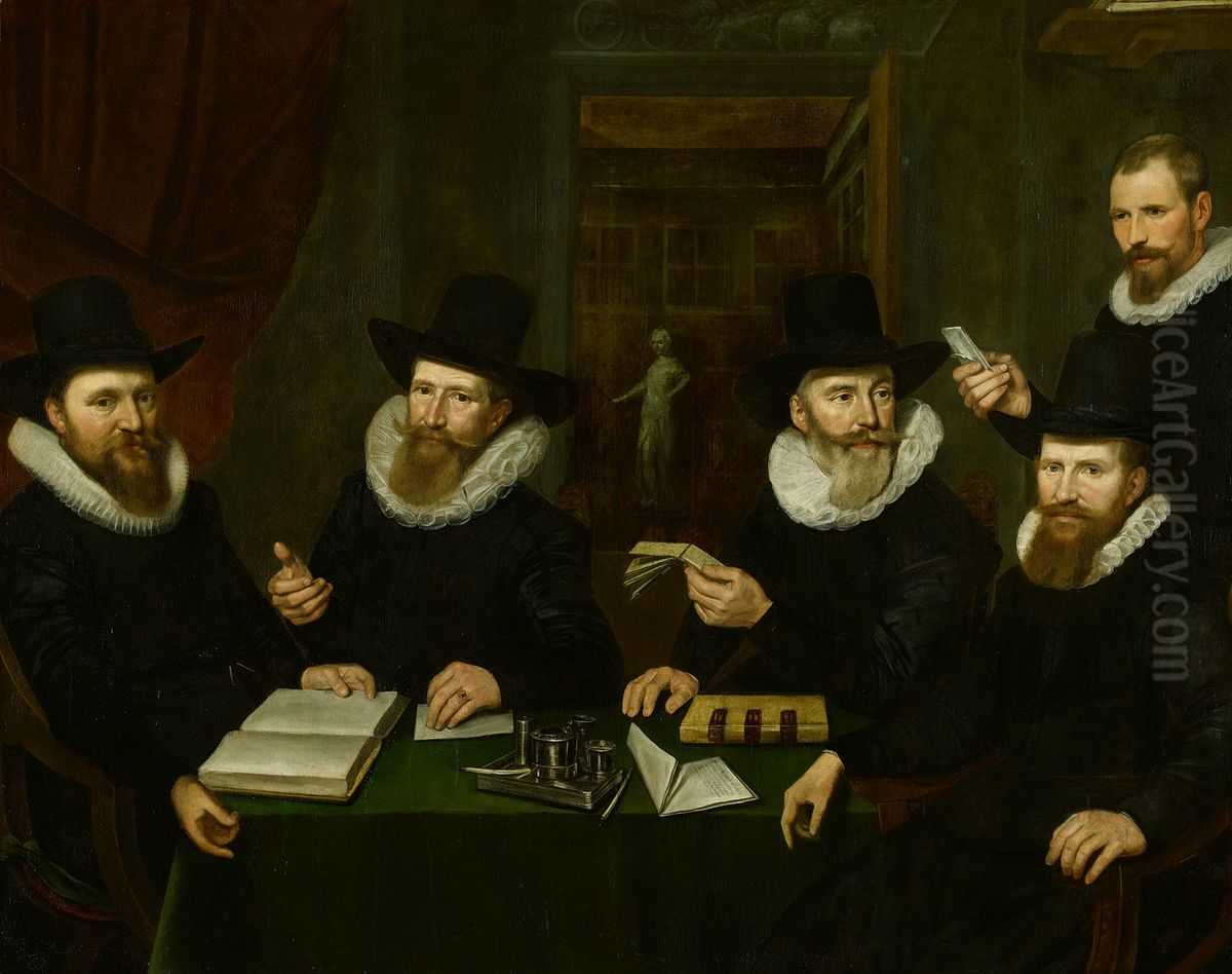 De regenten van het Rasphuis-Vier regenten en een functionaris van het Rasphuis-Vier regenten en de bode van het Rasphuis-The Governors of the House of Correction, Oil Painting by Cornelis van der Voort