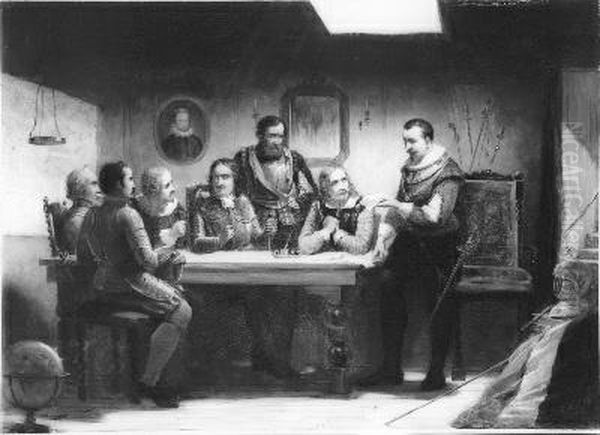 Anno 1639. De krijgsraad besluit op voorstel van Tromp de vijand voor Duins van buskruit te voorzien Oil Painting by Paul Tetar van Elven