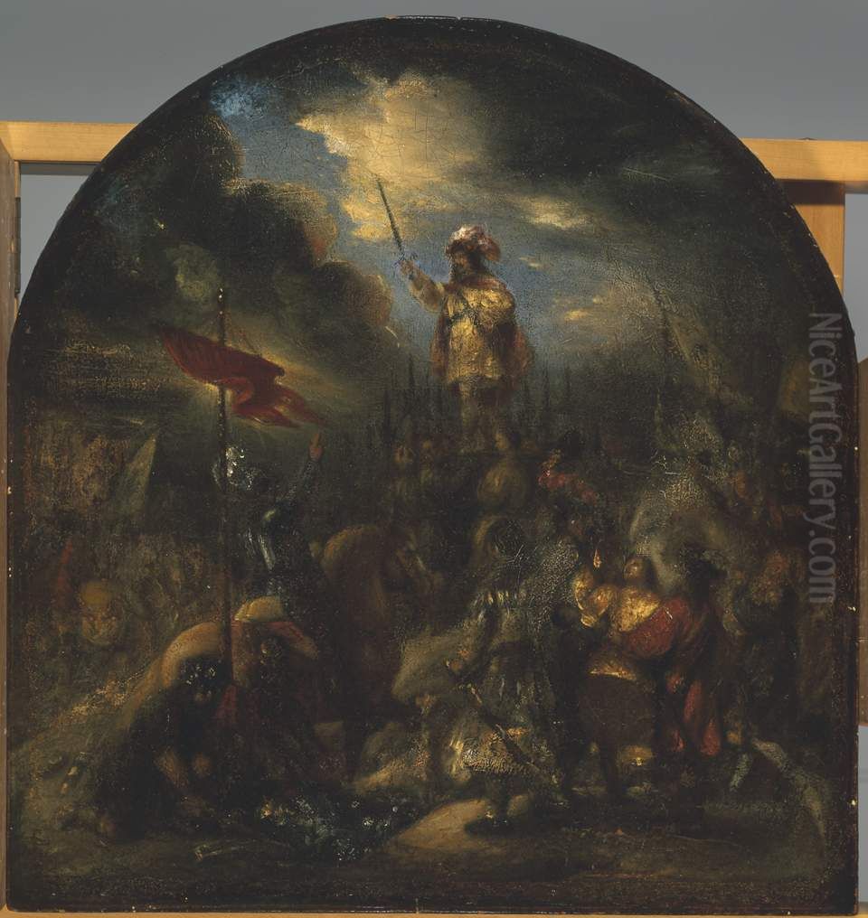 Brinio op het schild geheven-Brinio raised standing on the soldiers' shields Oil Painting by Jan Lievens