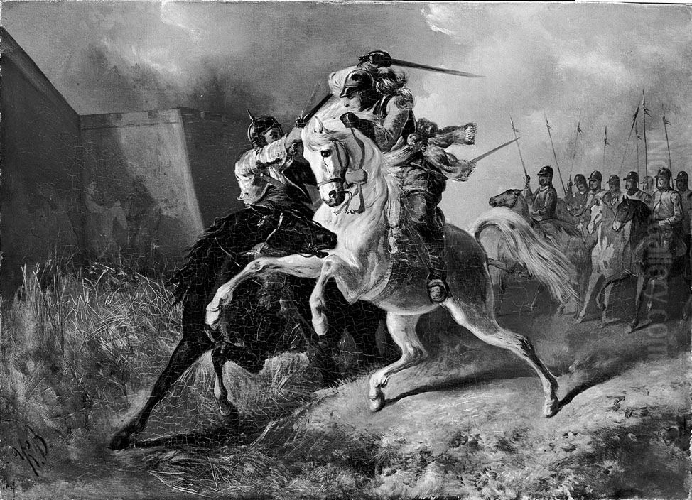 Anno 1591. Tweestrijd tussen Rijhove en een Spaanse krijgsman Oil Painting by Karel Frederik Bombled