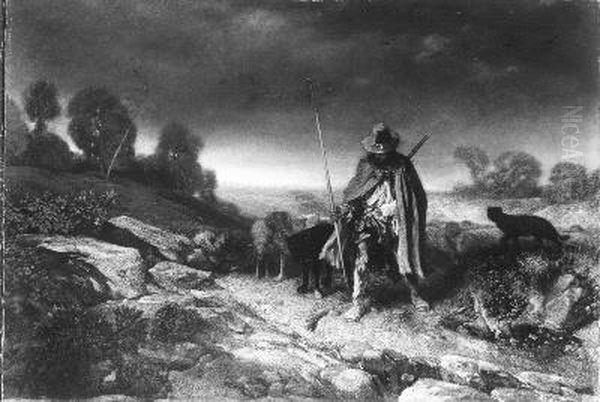Een schaapherder met zijn kudde Oil Painting by Alexandre-Gabriel Decamps